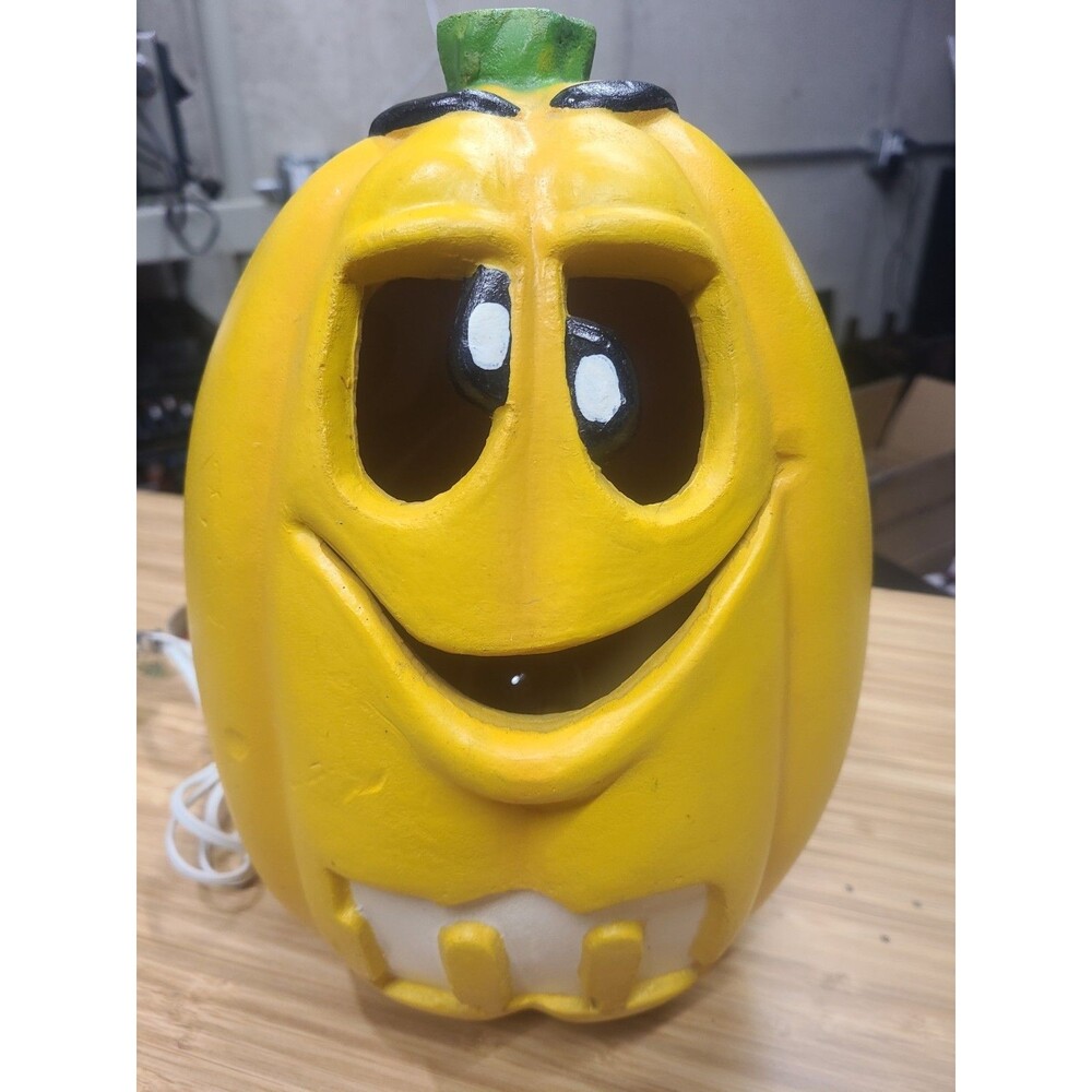 Trendmasters Yellow M&M Light-up Blow Mold Pumpkin Jack O Lantern Halloween 12"